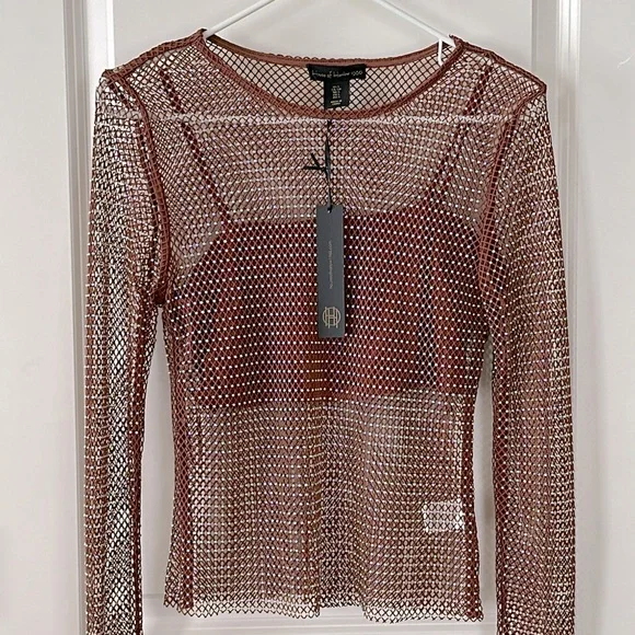 🆕 House of Harlow 1960 Brown Open Stitch Top - Picture 2 of 6
